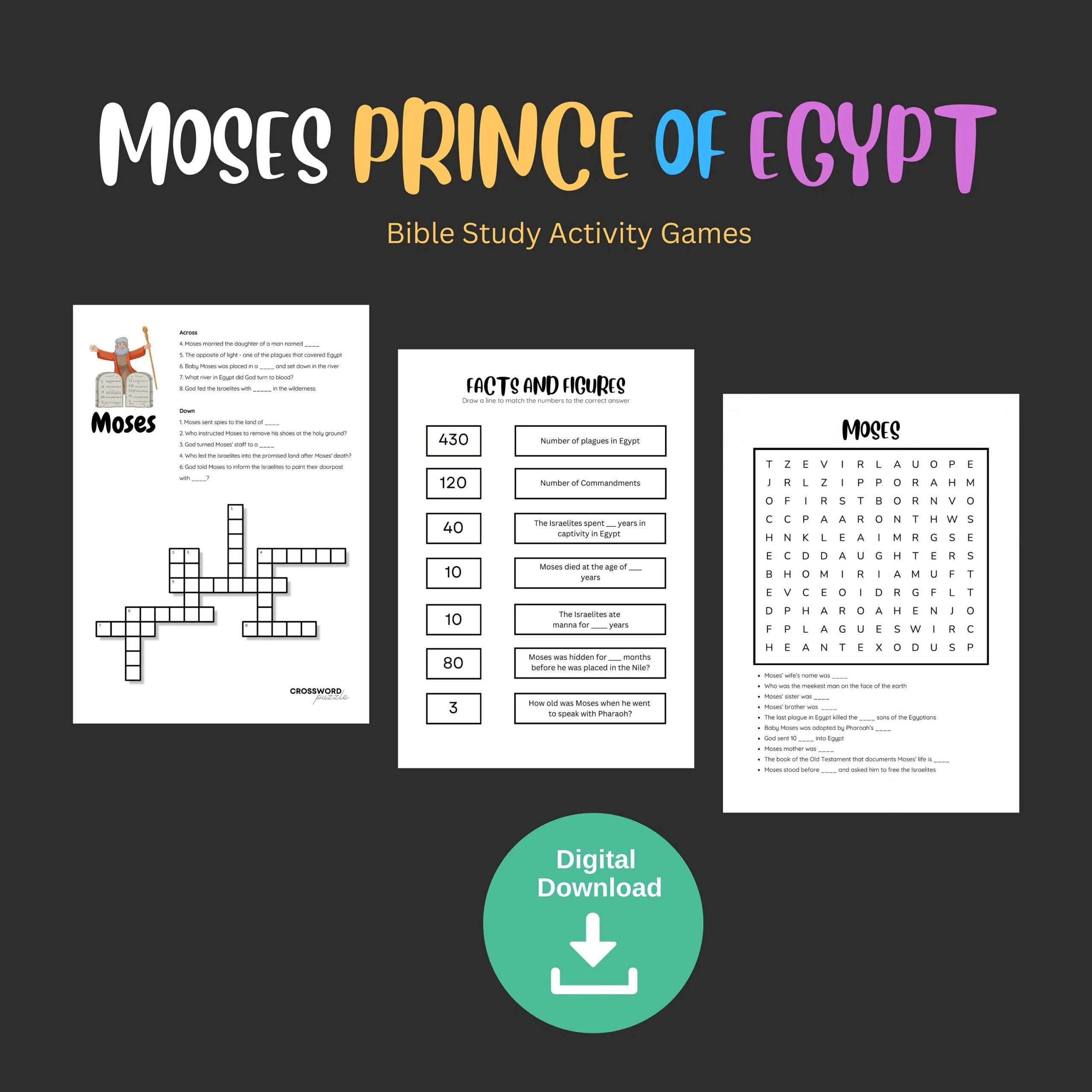 the story of moses christian teen kid crossword puzzle word search children church sunday school lesson activity bible study quiz game etsy