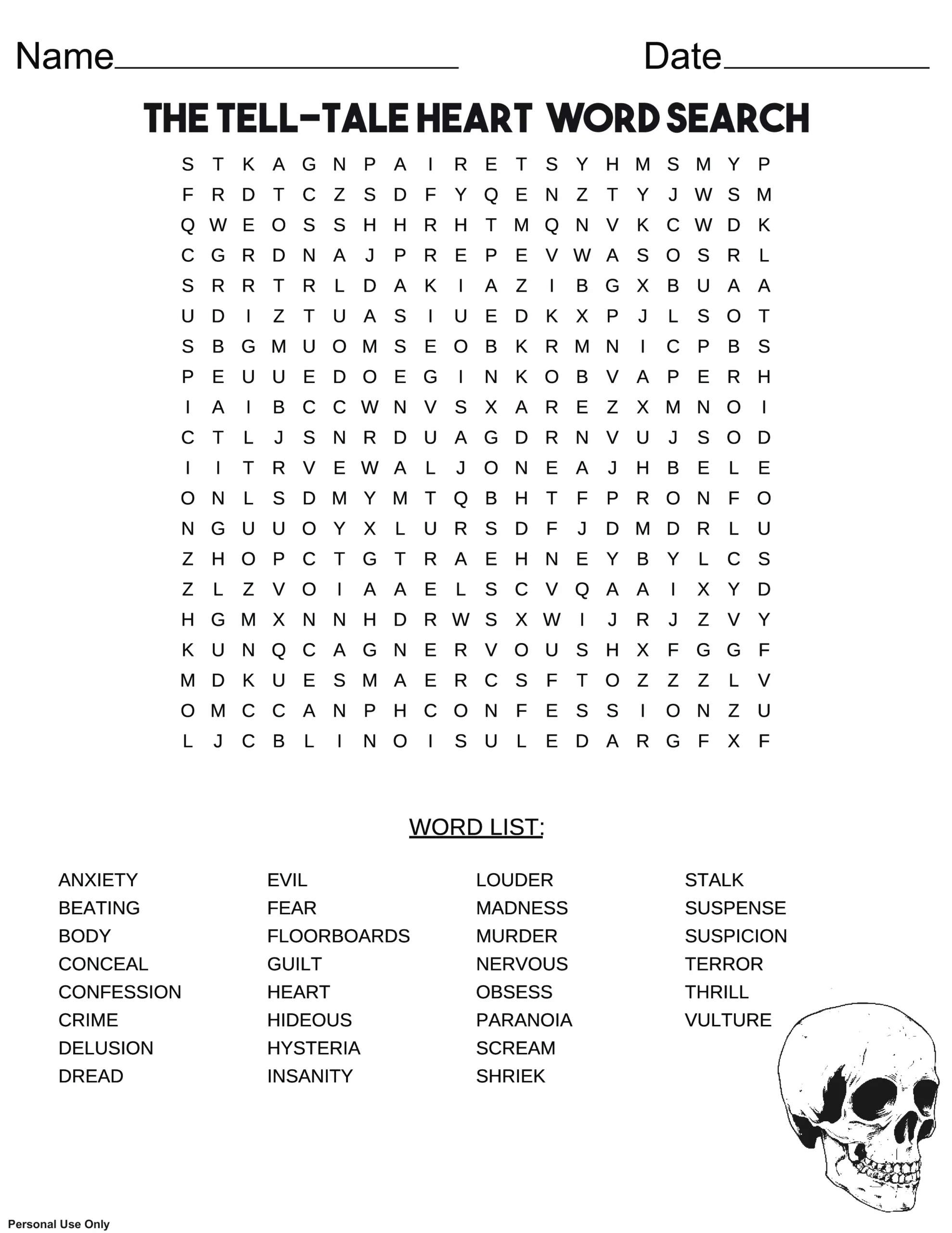 The Tell Tale Heart Word Search Free Printable PDF