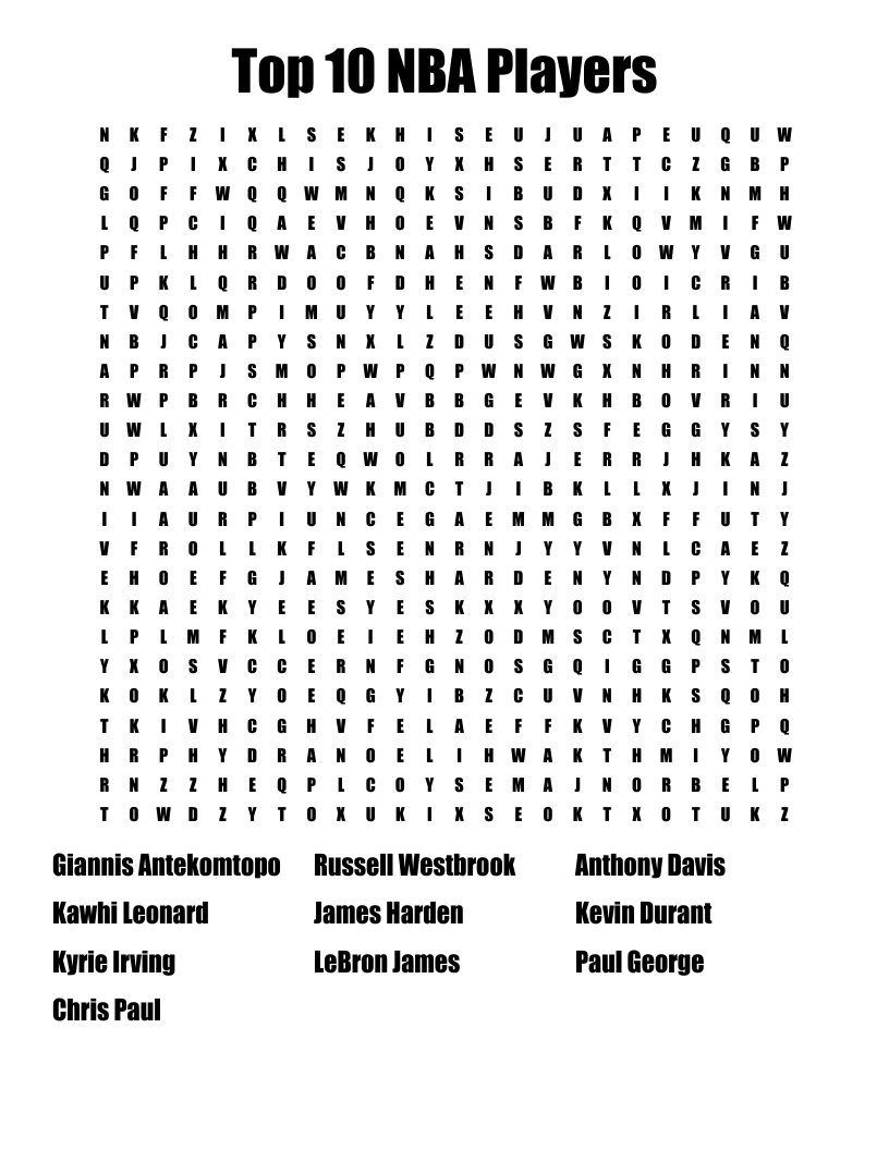 Top 10 NBA Players Word Search WordMint