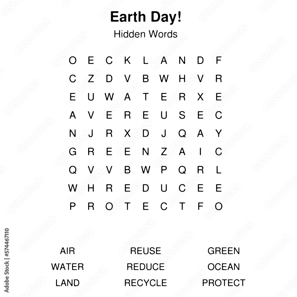 TRANSPARENT Easy To Read Large Print Add Your Art EARTH DAY Theme Hidden Word Search Puzzle Game Crossword Activity No Background Simple Isolated Square Layout To Insert Anywhere Stock Illustration 