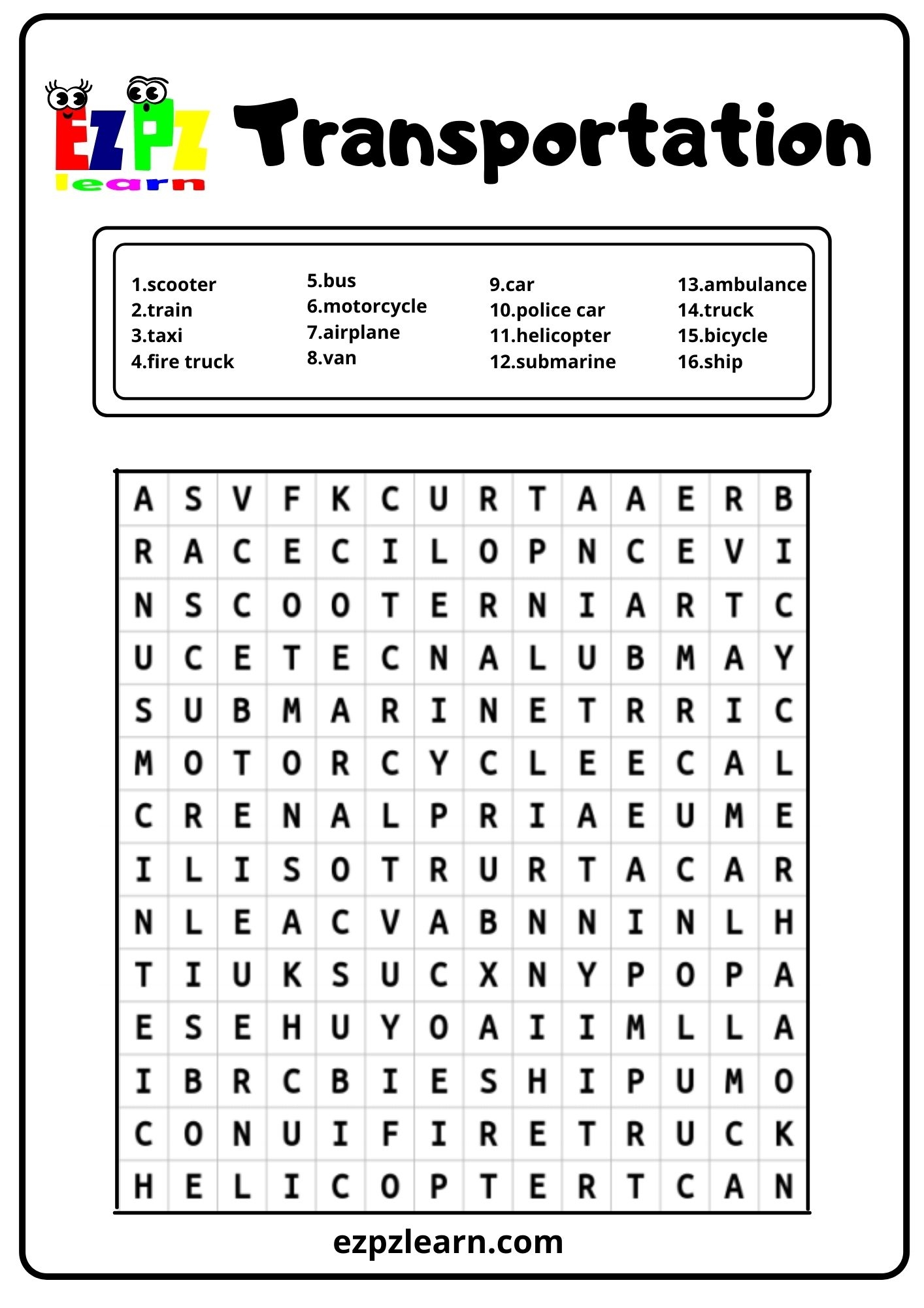 Transportation Word Search Ezpzlearn Transportation Word Search Ezpzlearn