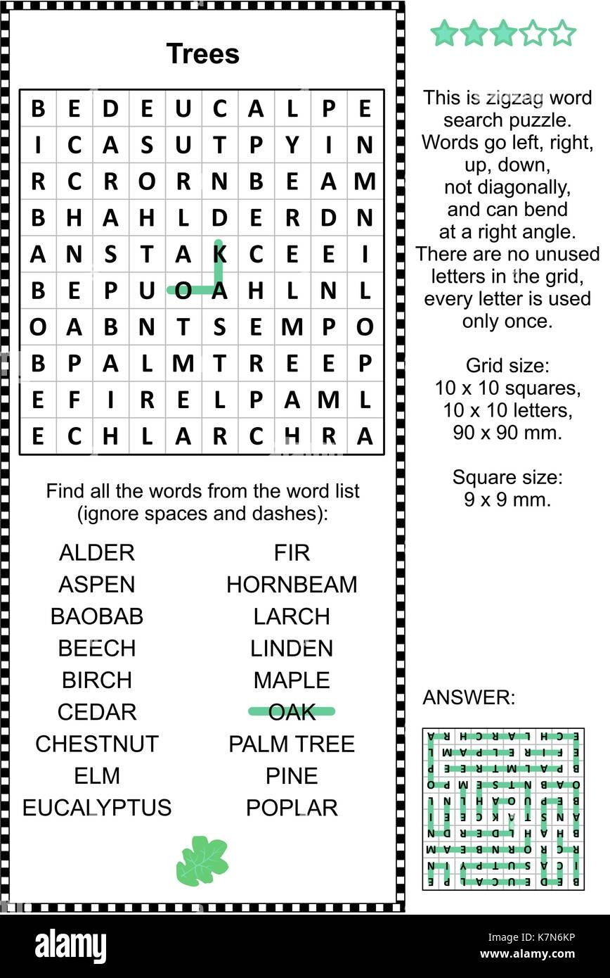Trees Themed Zigzag Word Search Puzzle suitable Both For Kids And Adults Answer Included Stock Vector Image Art Alamy