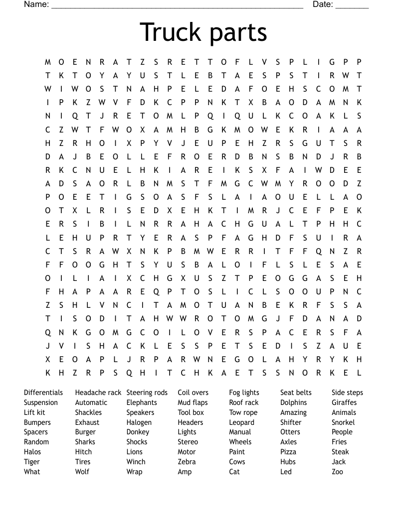 Truck Parts Word Search WordMint