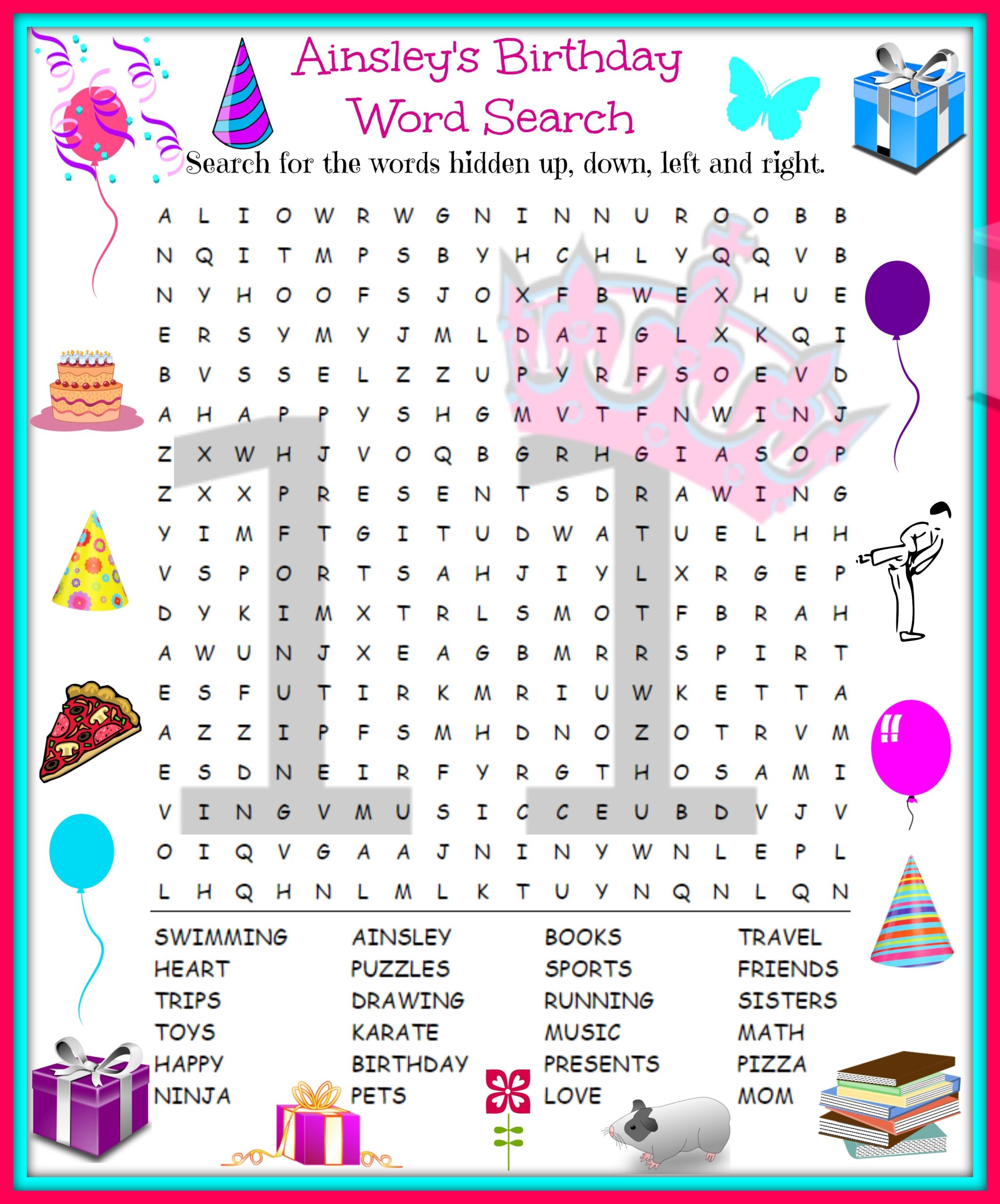 Tween Girl Birthday Word Search