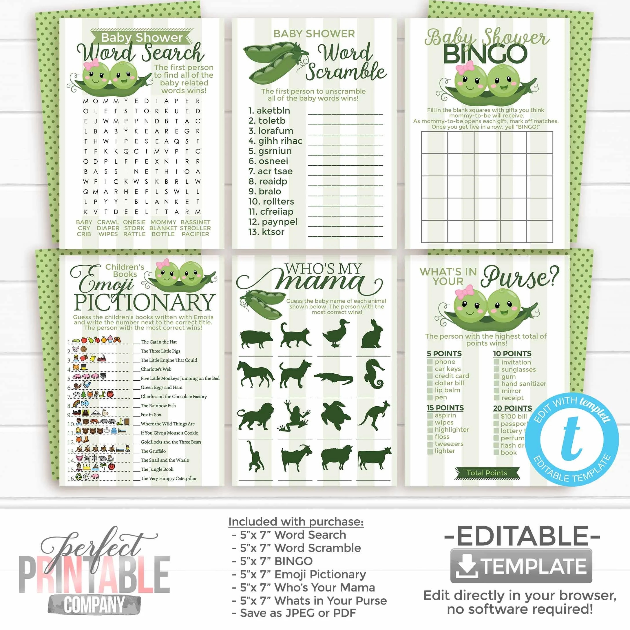 Two Peas In A Pod Baby Shower Games Twin Boy And Girl Emoji Pictionary Word Search Scramble BINGO Baby Name Whats In Your Purse 752 Etsy