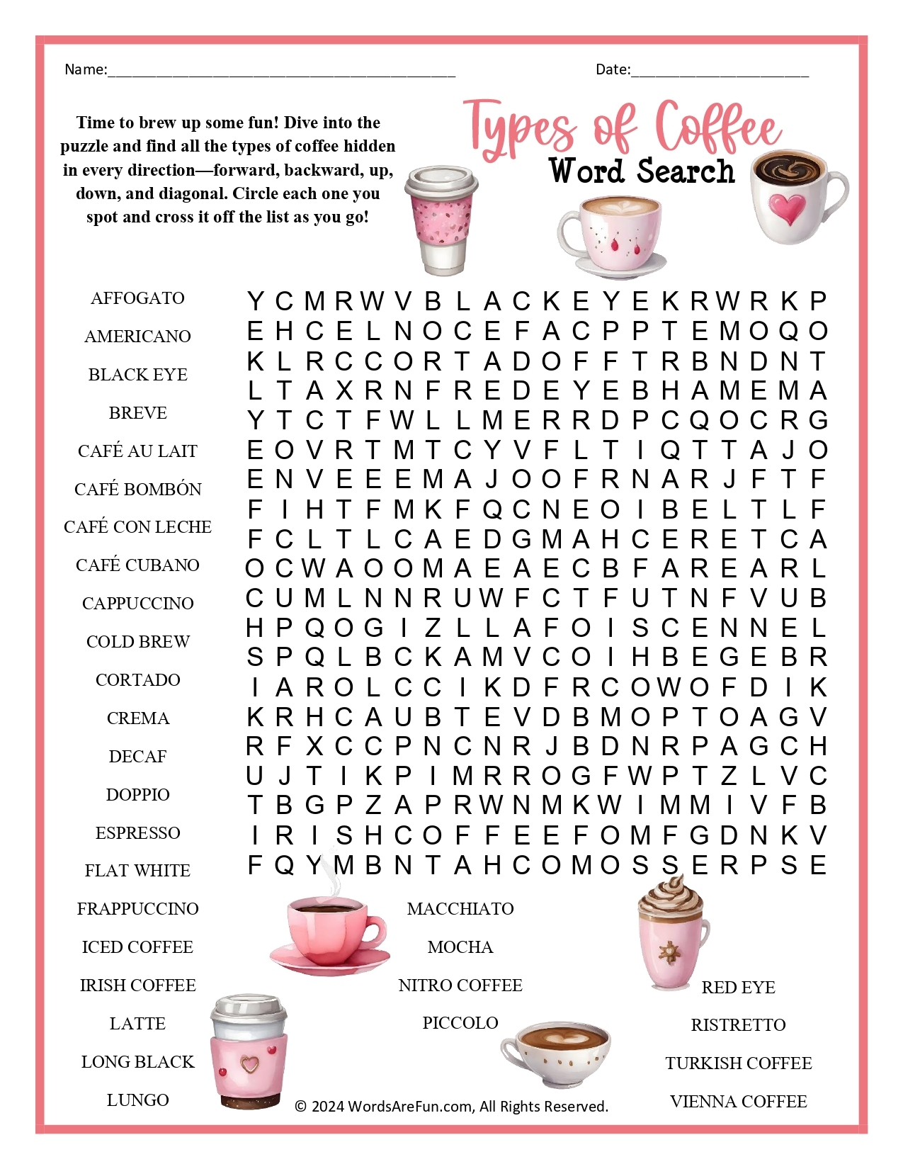 Types Of Coffee Word Search