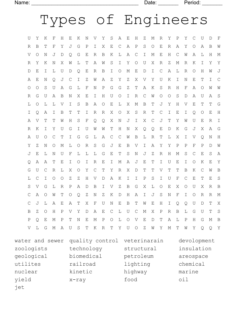 Types Of Engineers Word Search WordMint