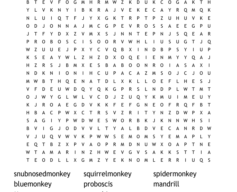 Types Of Monkeys Word Search WordMint