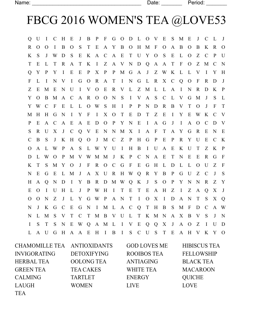 Types Of Tea Word Search WordMint