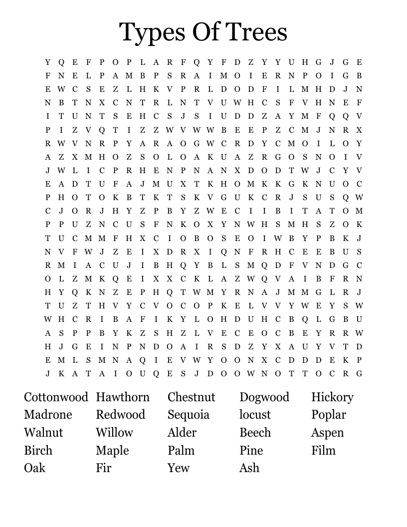 Types Of Trees Word Search WordMint