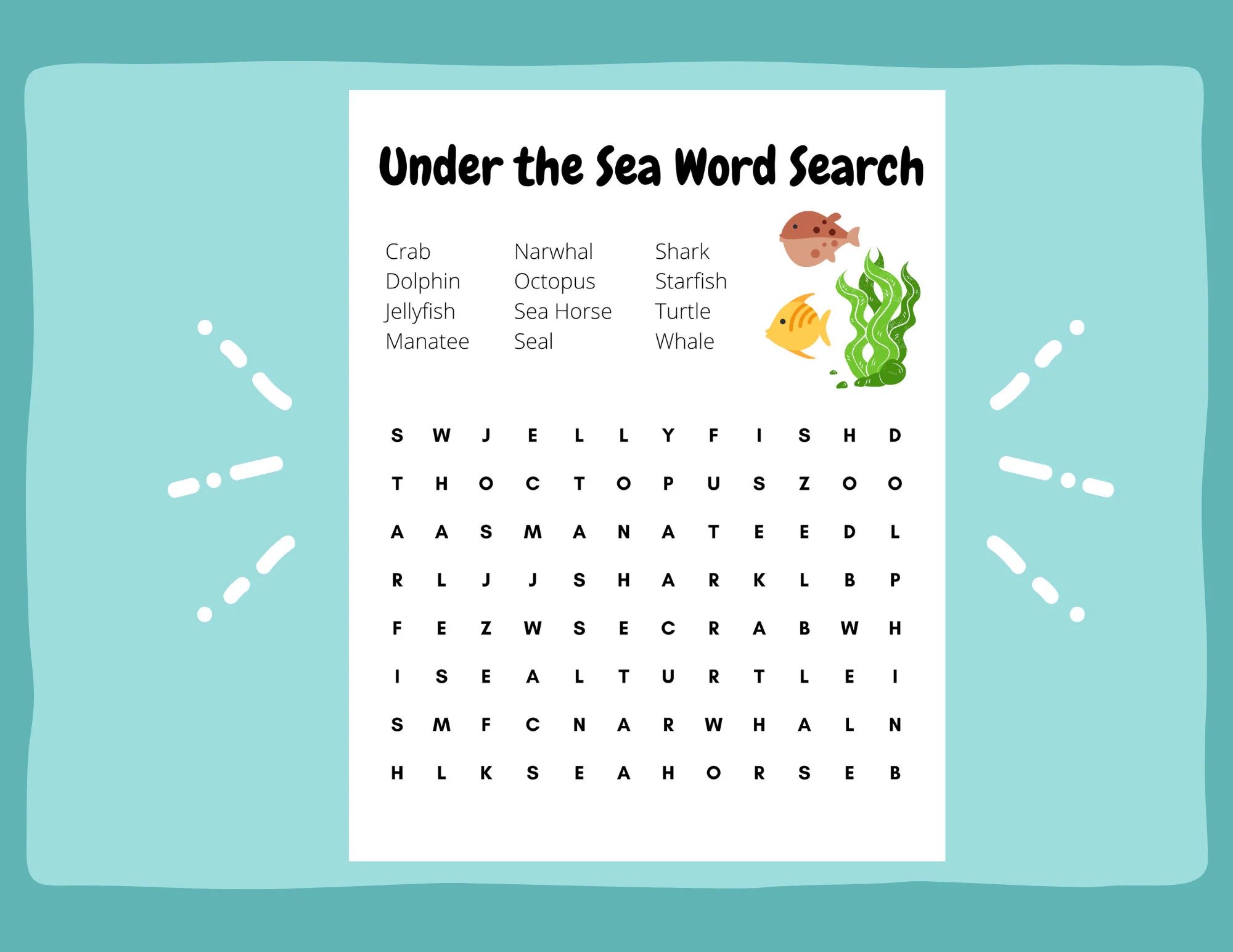 Under The Sea Ocean Wordsearch Word Find Worksheet Activity Page Printable Preschool Kindergarten Summer Reading Etsy