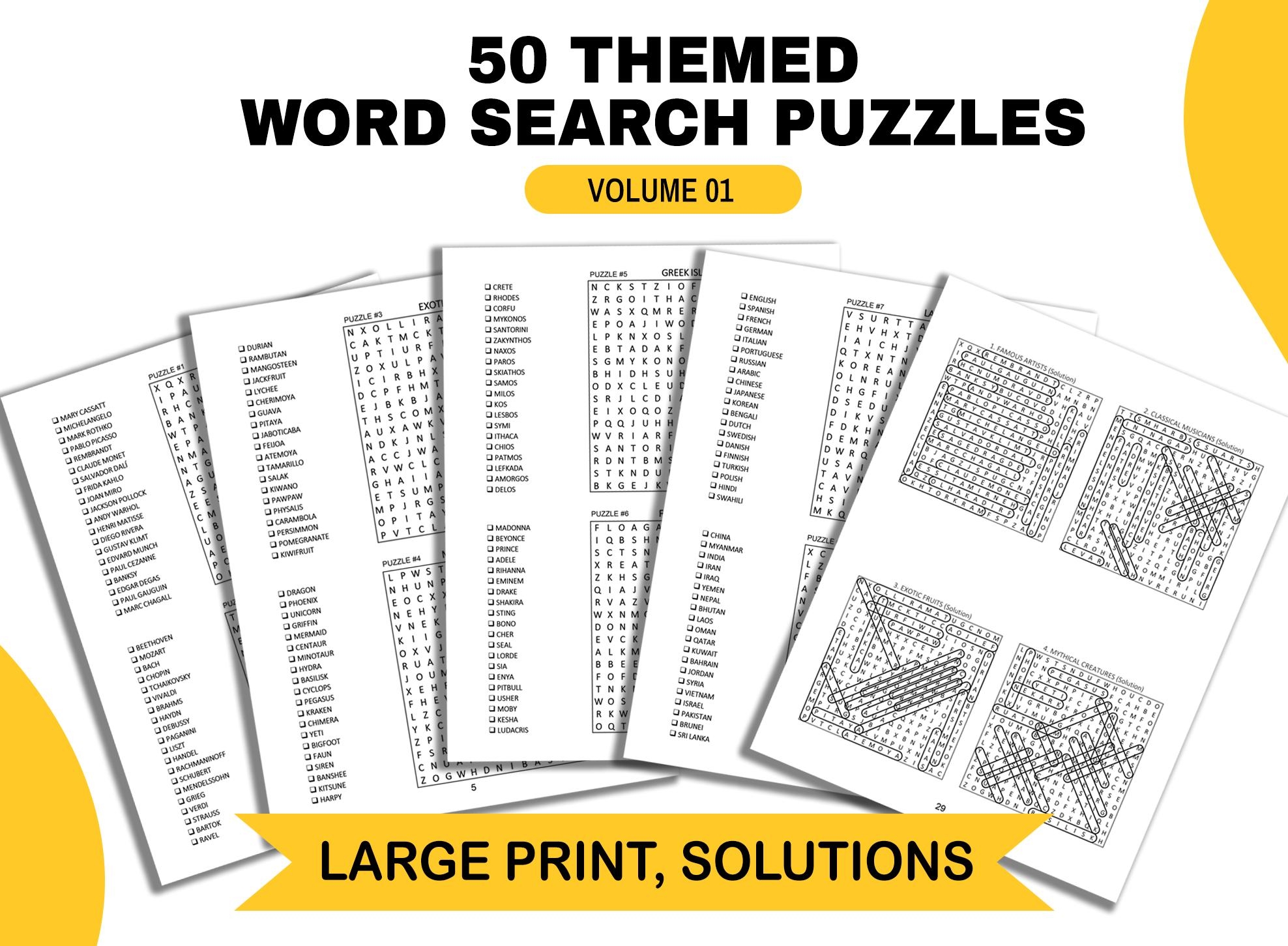 Unique 50 Themed Word Search Puzzle Book Volume 1 Printable Large Print Brain Game For Adults And Kids With Answer Key Digital Download Etsy