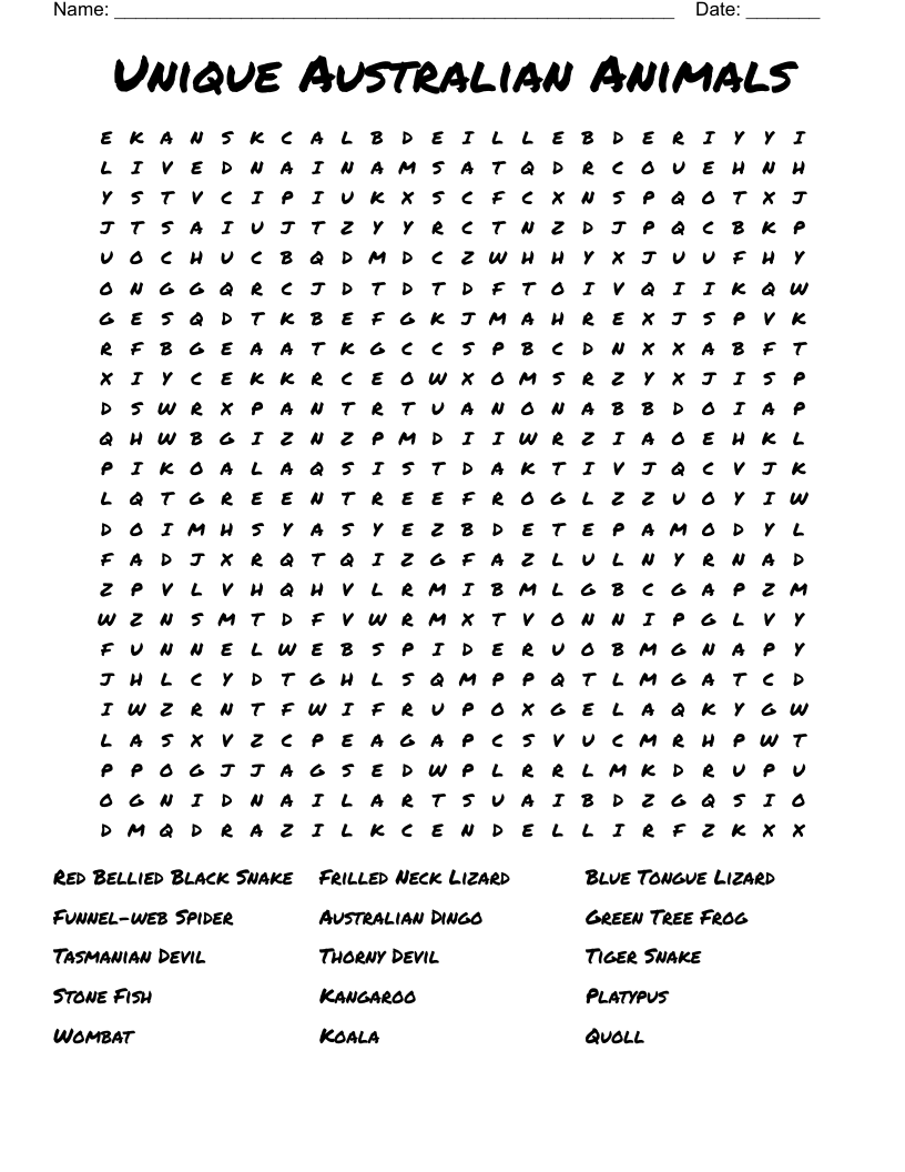 Unique Australian Animals Word Search WordMint