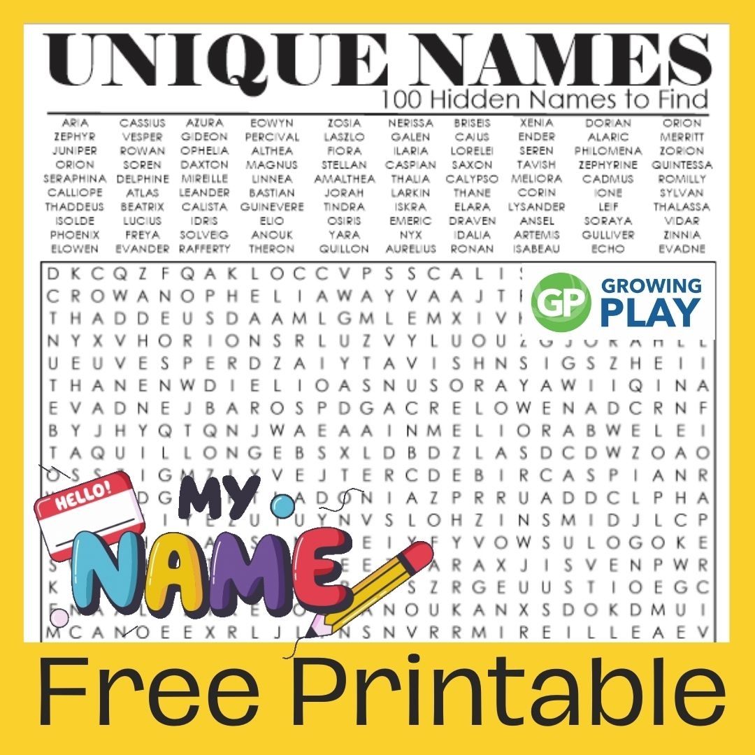 Unique Names Word Search Free Printable Growing Play