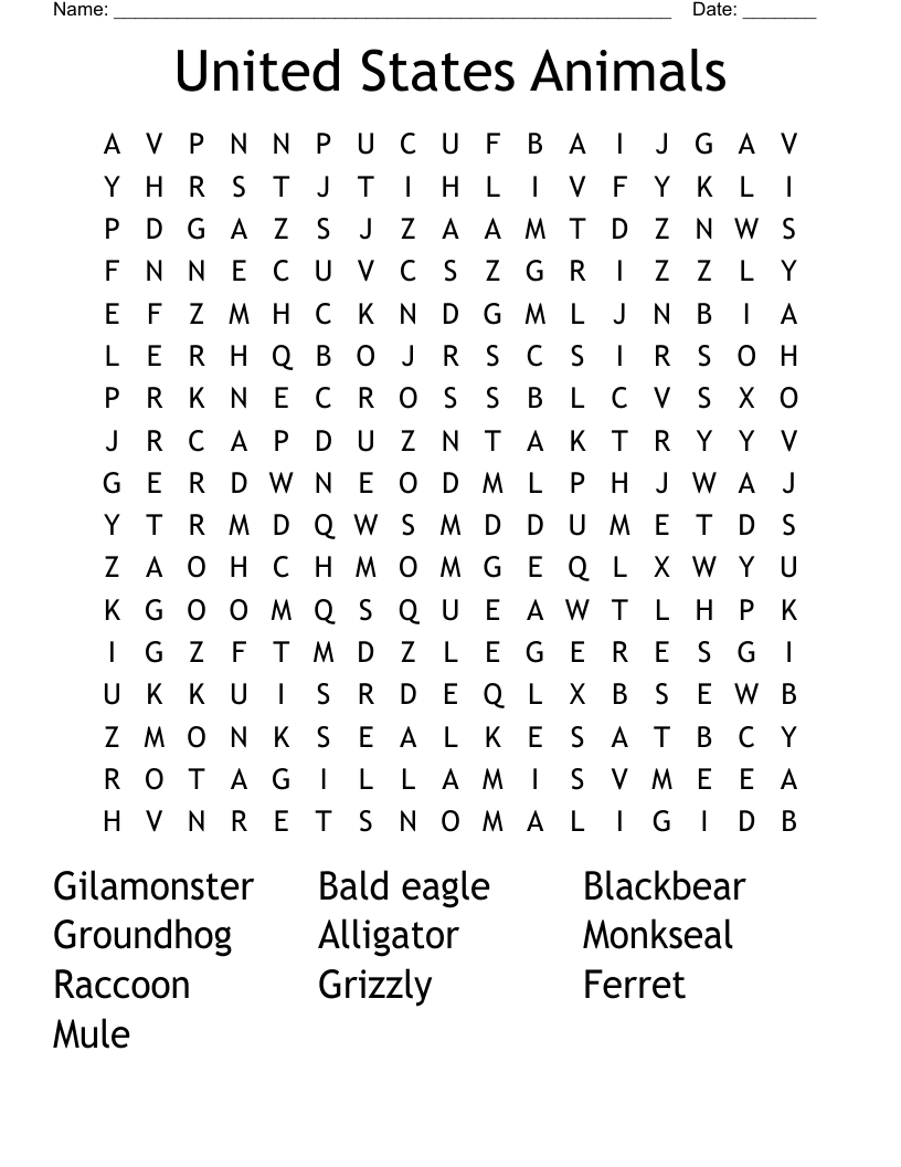 United States Animals Word Search WordMint