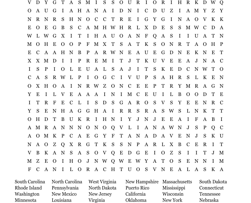 US States Word Search WordMint