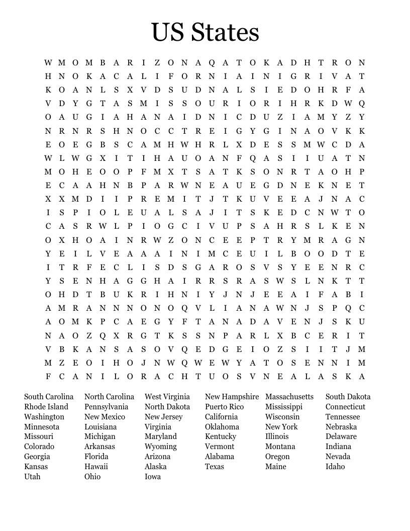 US States Word Search WordMint Worksheets Library
