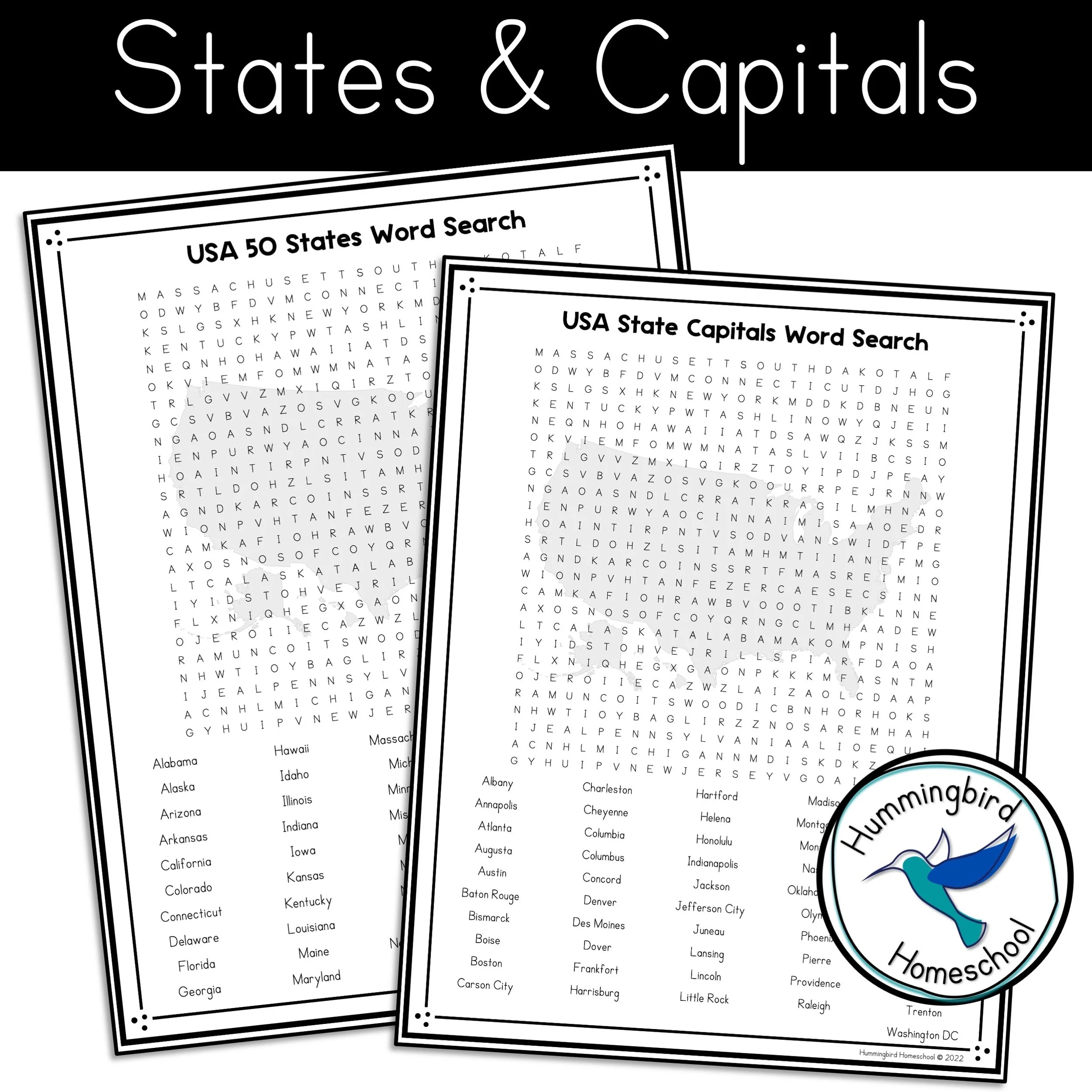USA 50 States Word Search PDFs Hummingbird Homeschool