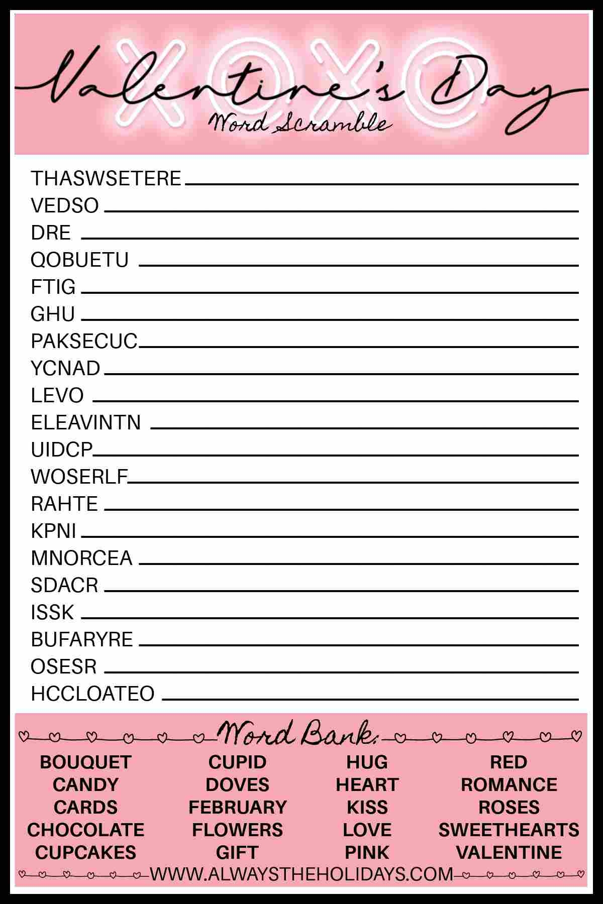 Valentine s Day Word Scramble With Answers Valentine s Printable Valentine s Day Word Scramble With Answers Valentine s Printable