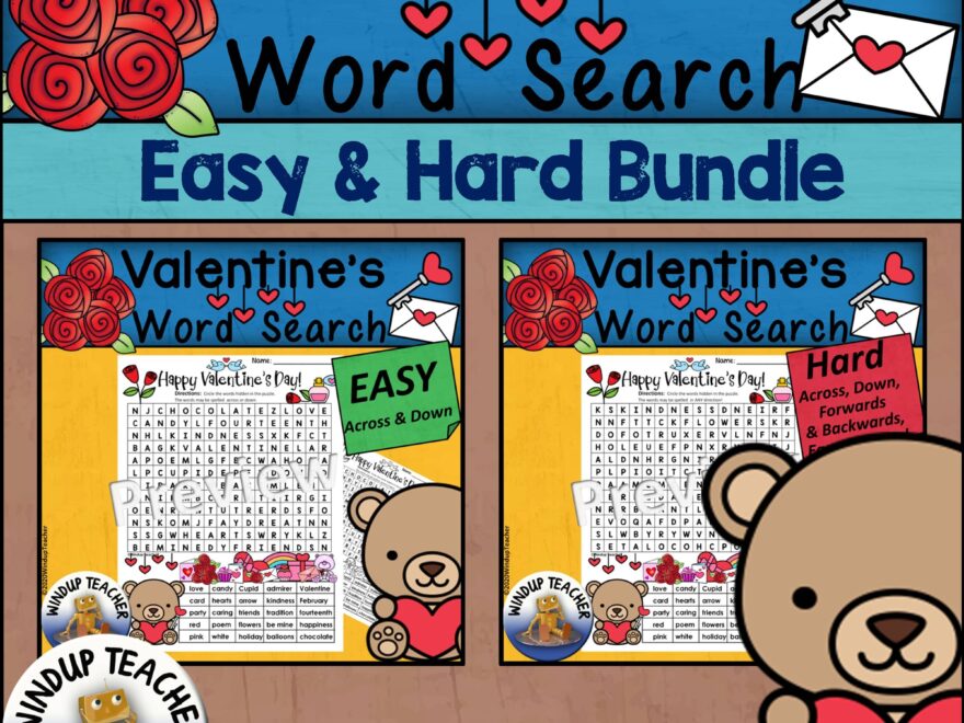 Valentine s Day Word Search BUNDLE Easy And Hard Bundle Made By Teachers