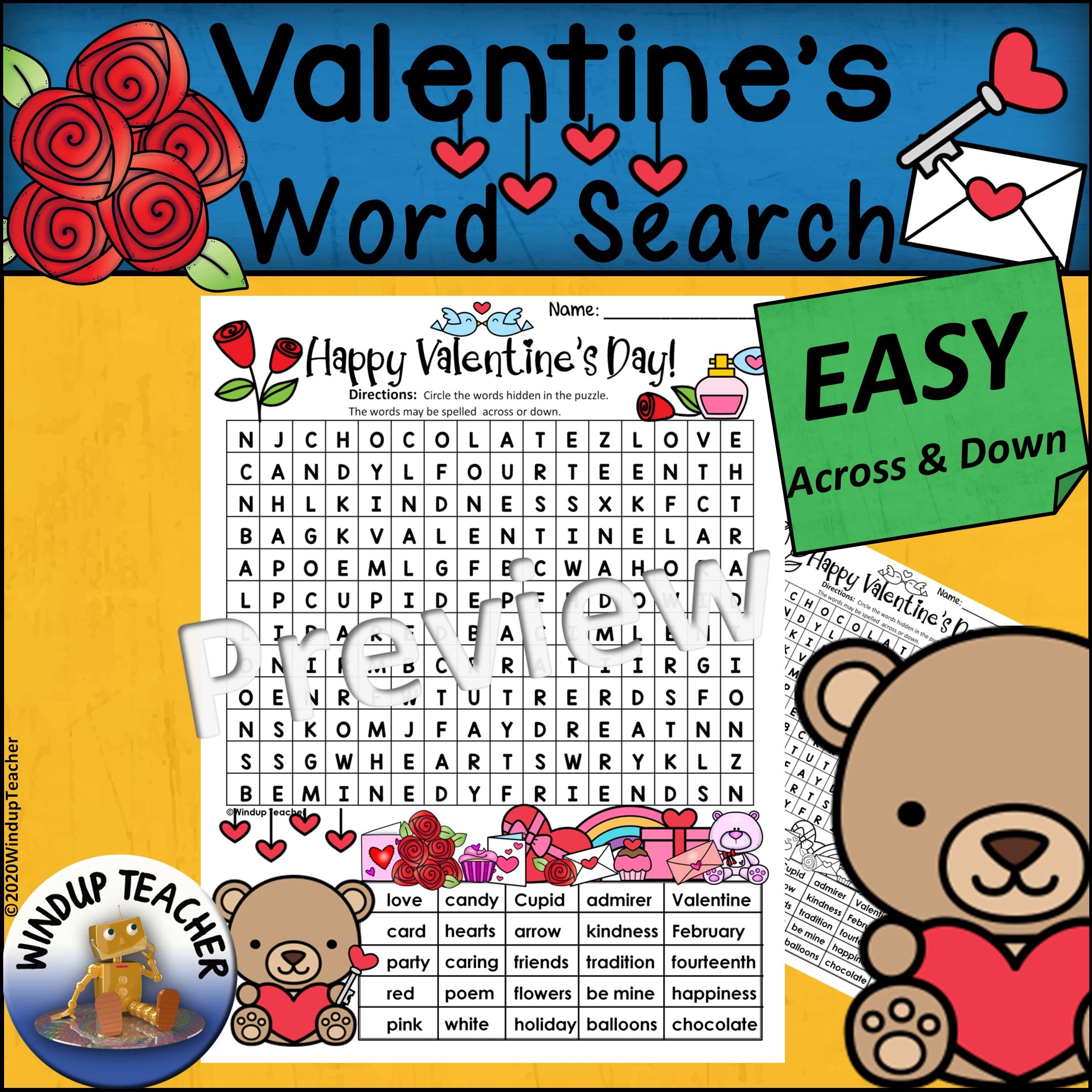 Valentine s Day Word Search EASY Puzzle Ready To Go Made By Teachers