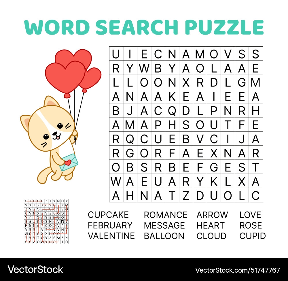 Valentine s Day Word Search Puzzle For Kids Vector Image