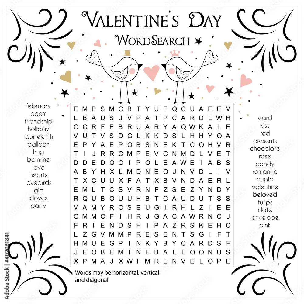 Valentine s Day Word Search Puzzle Suitable For Social Media Post Educational Game For Children Printable Worksheet For Learning English Stock Vector Adobe Stock