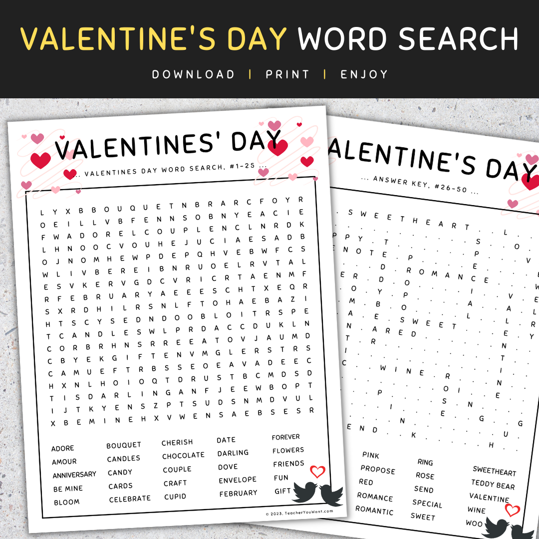 Valentine s Day Word Search Puzzle Worksheets Holiday Fun Activity Made By Teachers