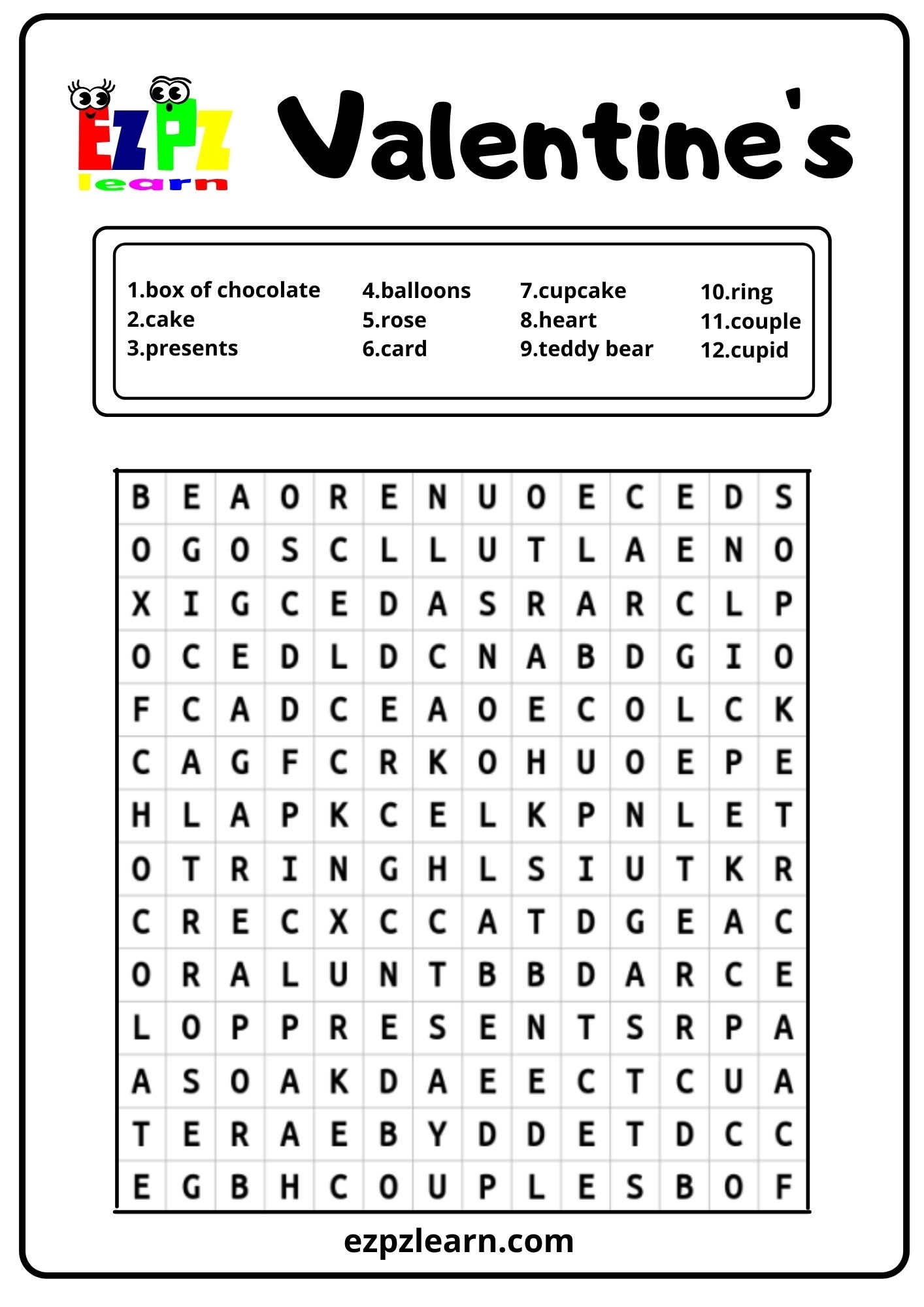 Valentine s Holiday Word Search Ezpzlearn
