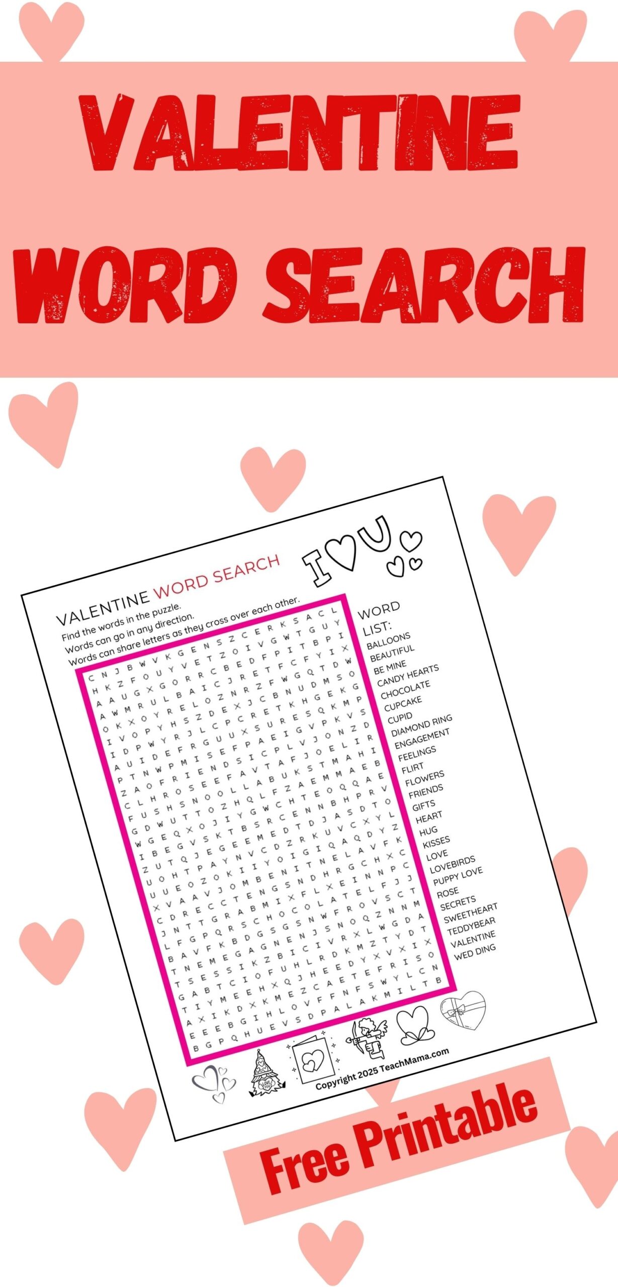 Printable Valentine Word Search 1st Grade