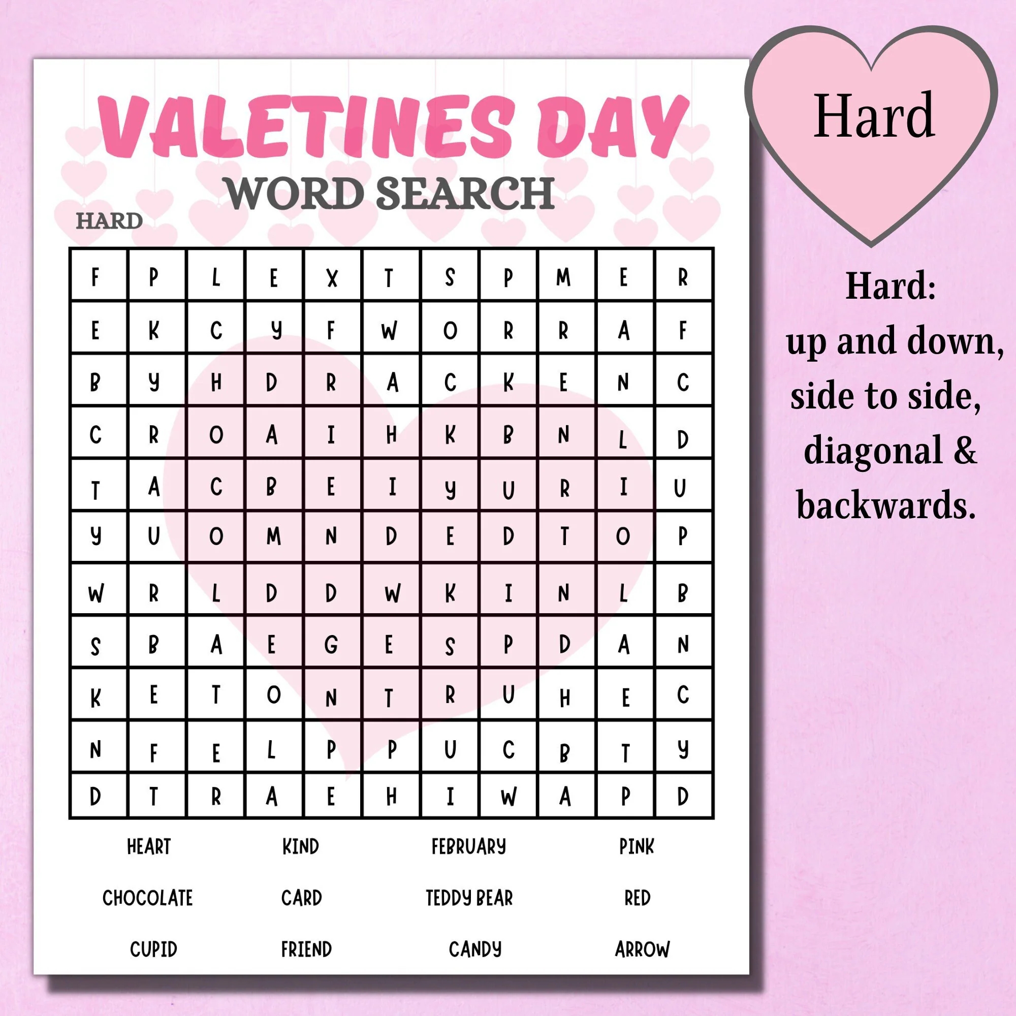 Valentines Day Word Search Hard Printable Kids Game Valentines Activities Printable Party Game Kids Printable Valentines Game Etsy