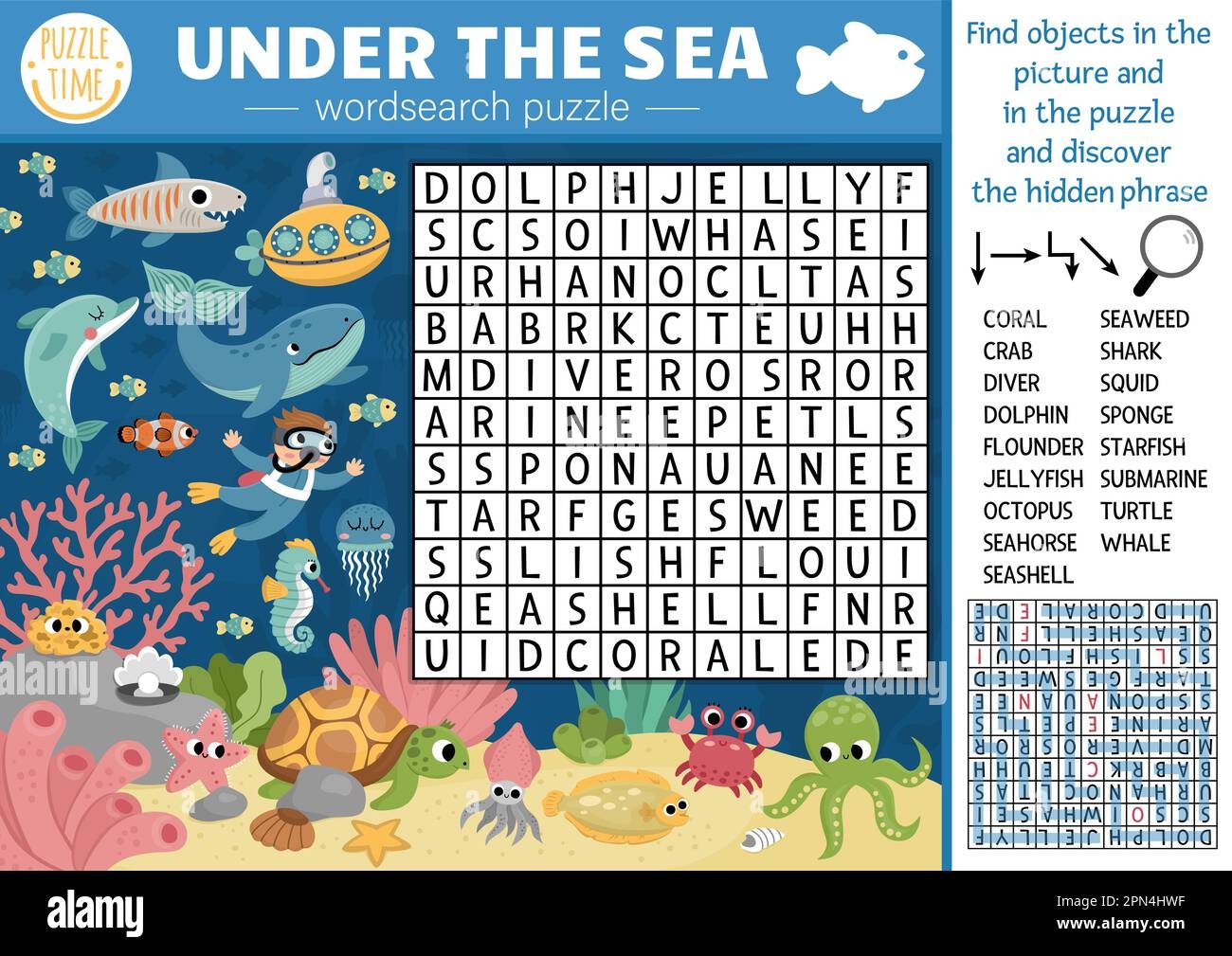 vector under the sea word search puzzle for kids simple ocean life word search quiz for children water animals and fish educational activity with oc stock vector image art alamy