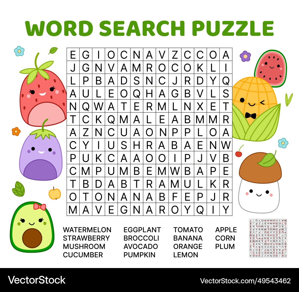 Vegetables And Fruits Word Search Game Puzzle Vector Image