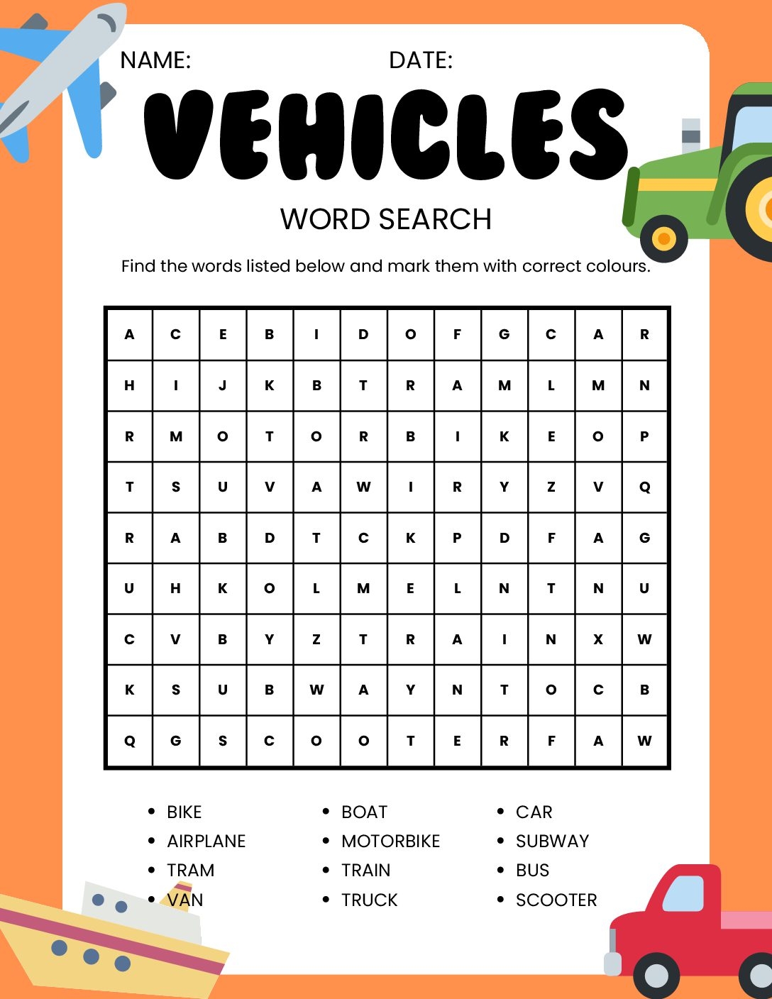 Vehicle Word Searches Printable Worksheet And Follow Up Answer Key Teacha 