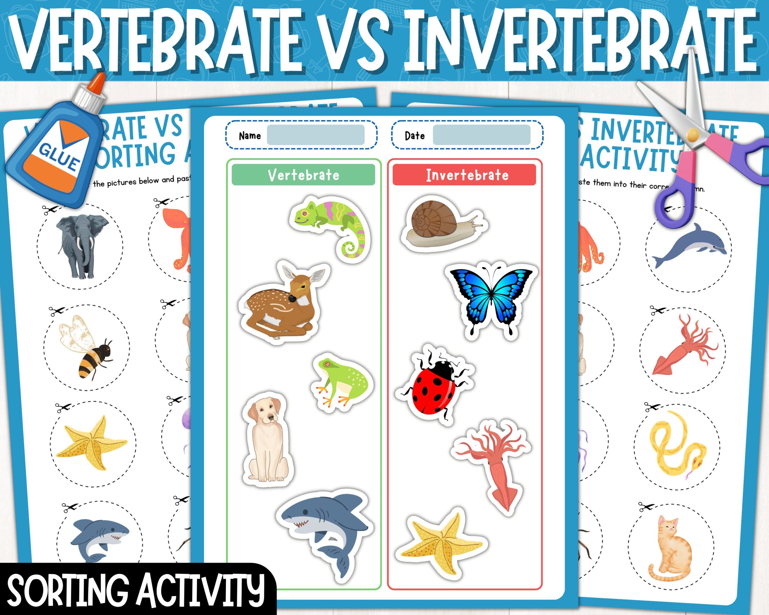 vertebrates and invertebrates sorting activity animal classification cut paste printable worksheets digital download pdf etsy