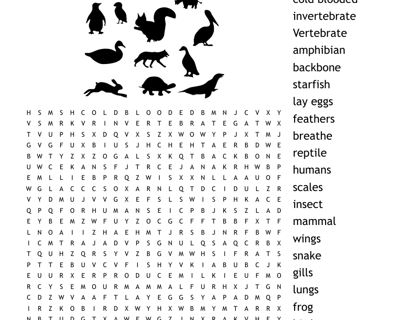 Vertebrates Invertebrates Word Search WordMint