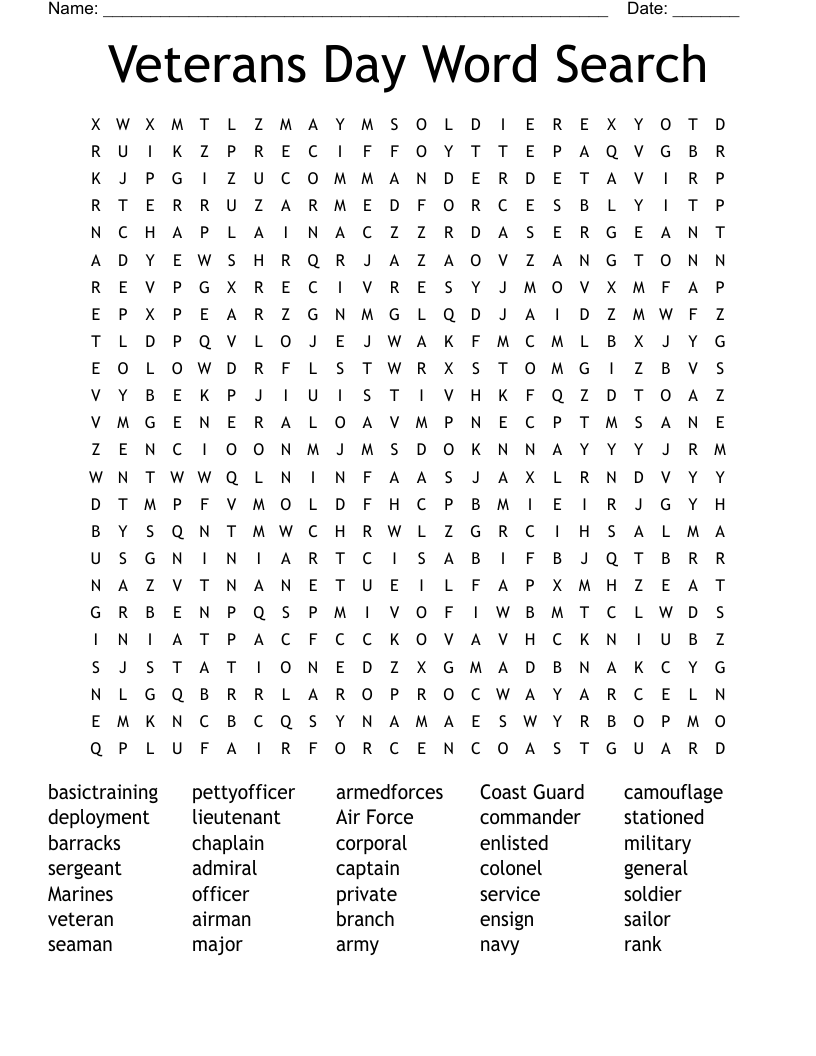 Veterans Day Word Search WordMint