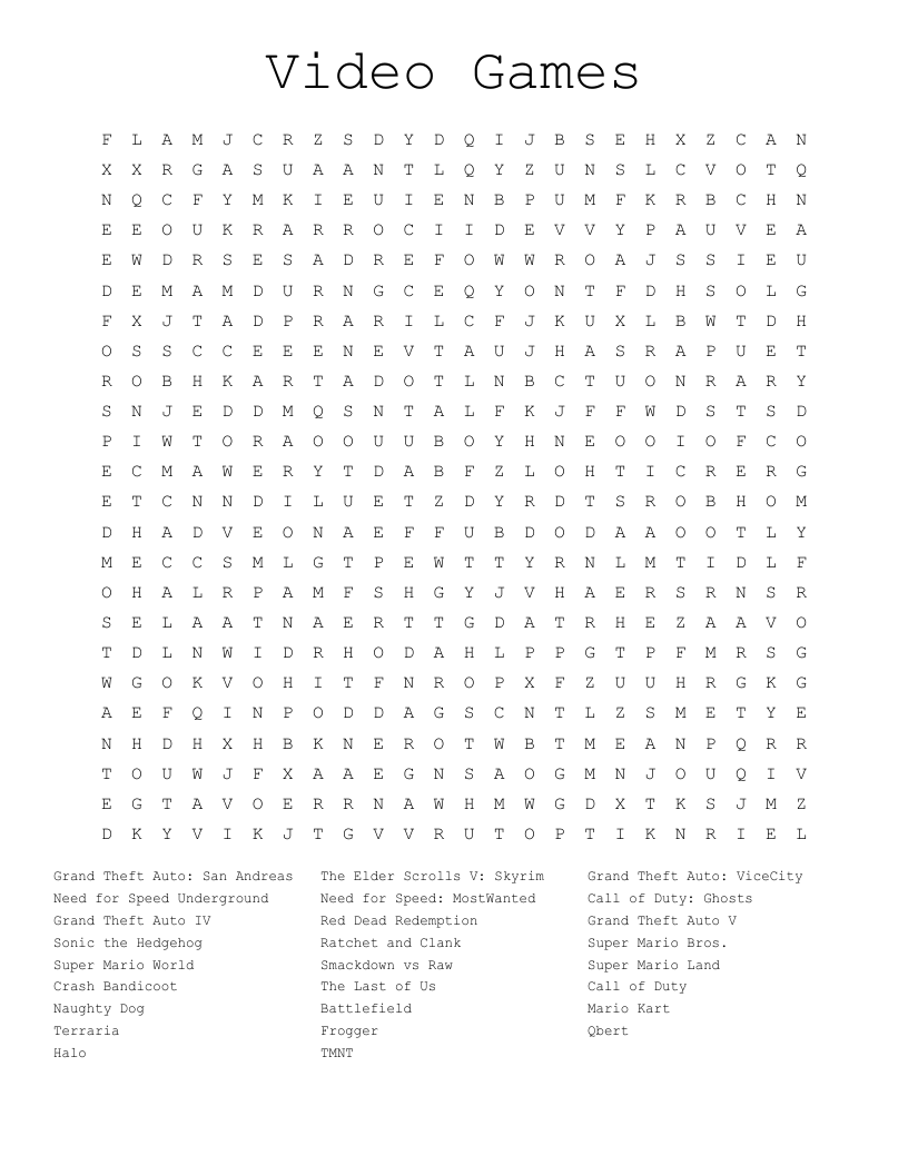 Video Games Word Search WordMint