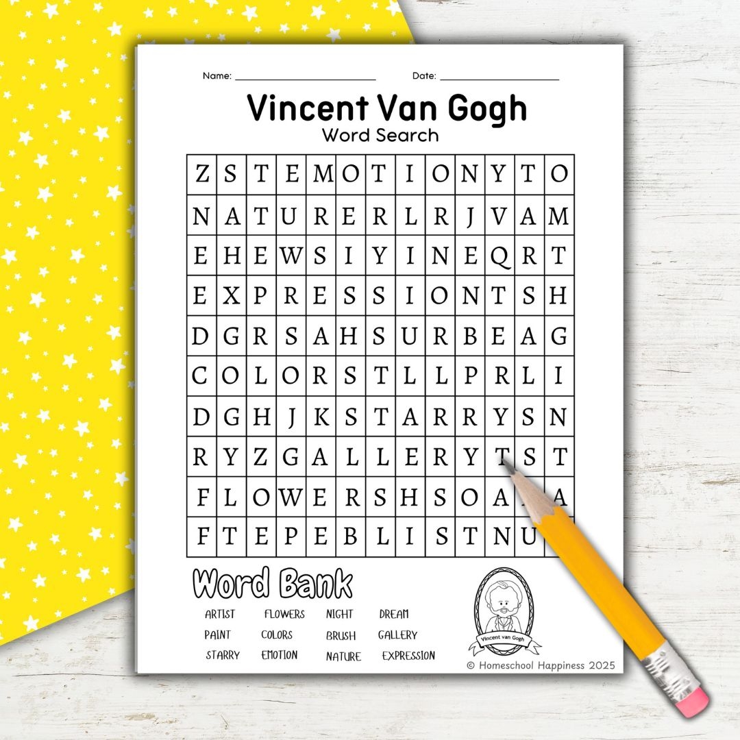 Vincent Van Gogh Word Search For Kids Fun Educational