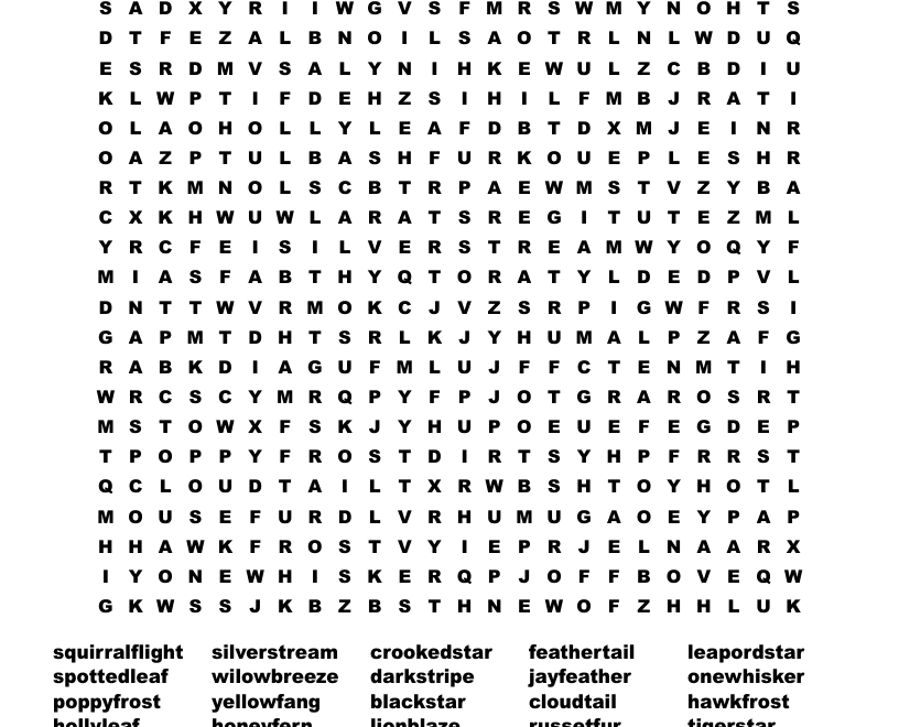 Warrior Cats Word Search WordMint