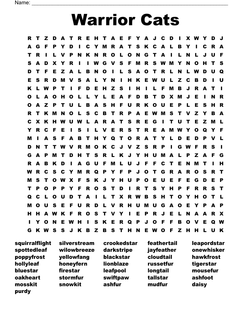 Warrior Cats Word Search WordMint