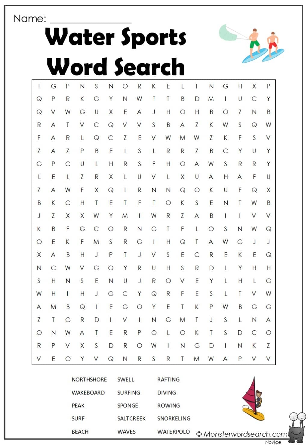 Water Sports Word Search Monster Word Search Water Sports Word Search Monster Word Search