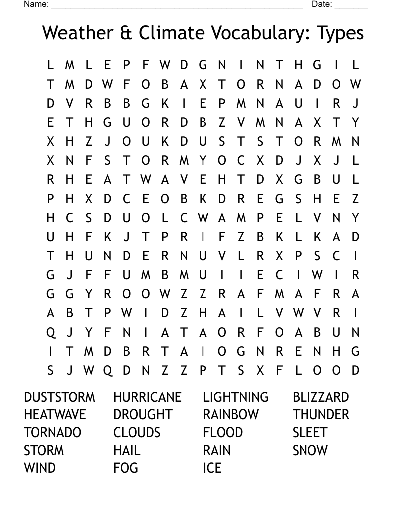 Weather Climate Vocabulary Types Word Search WordMint