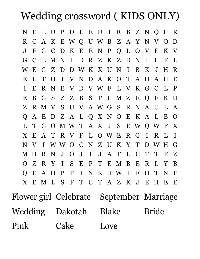 Wedding Crossword KIDS ONLY Word Search WordMint