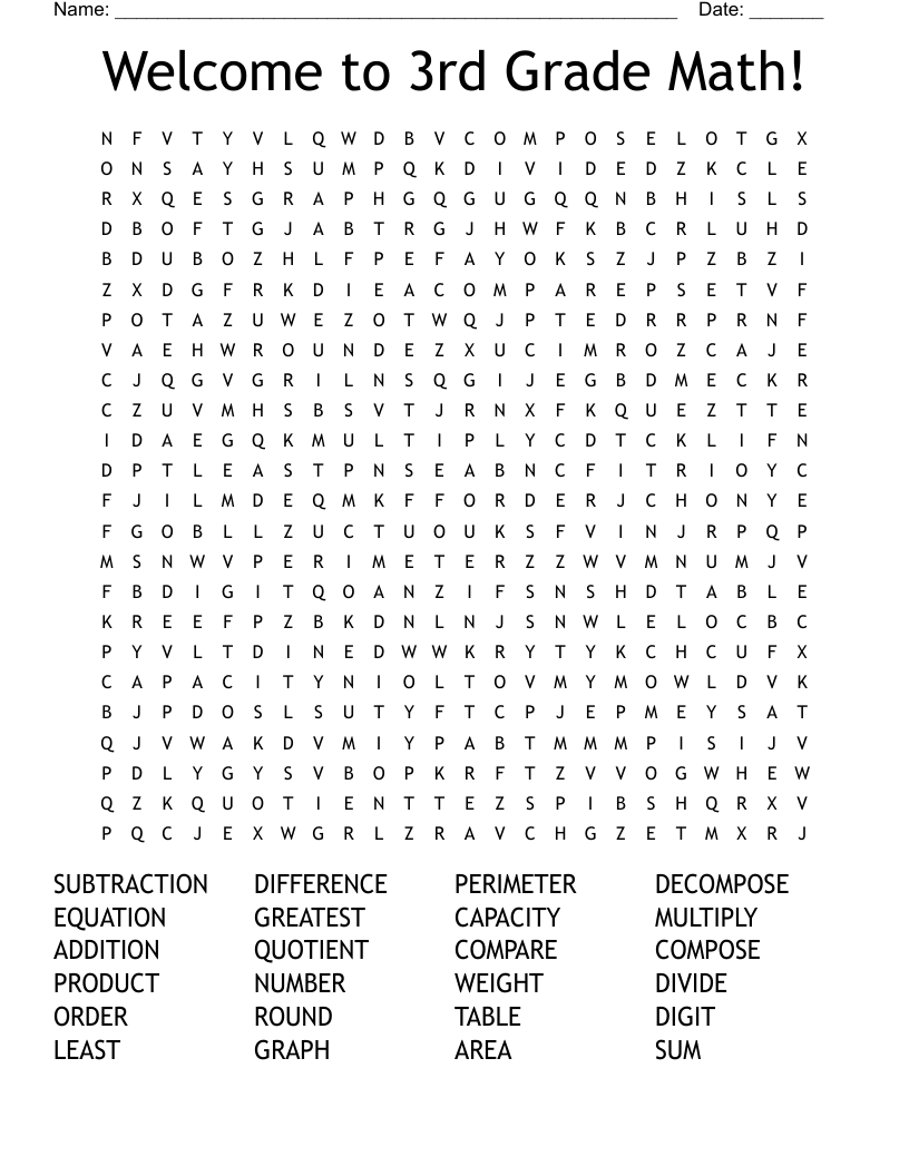 Welcome To 3rd Grade Math Word Search WordMint
