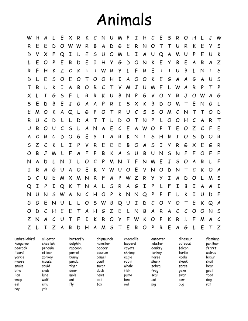 WILD ANIMAL NAMES Word Search WordMint