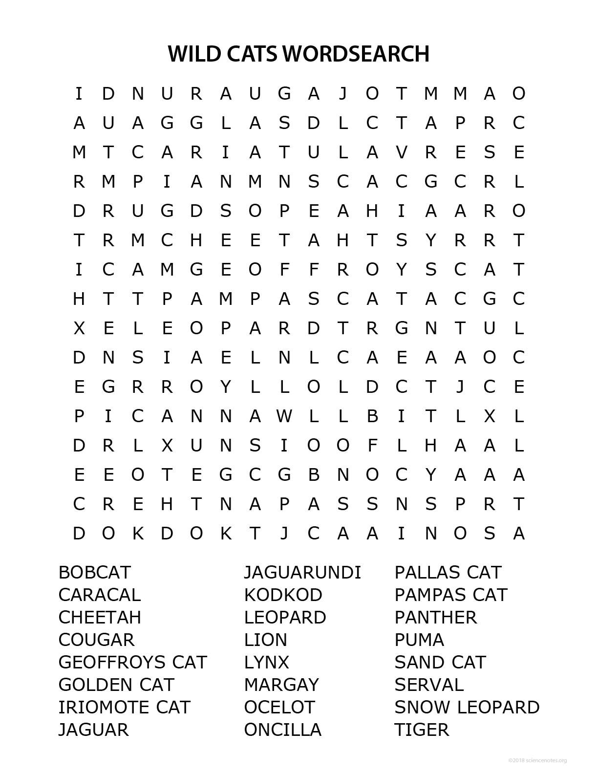 Wild Cats Word Search