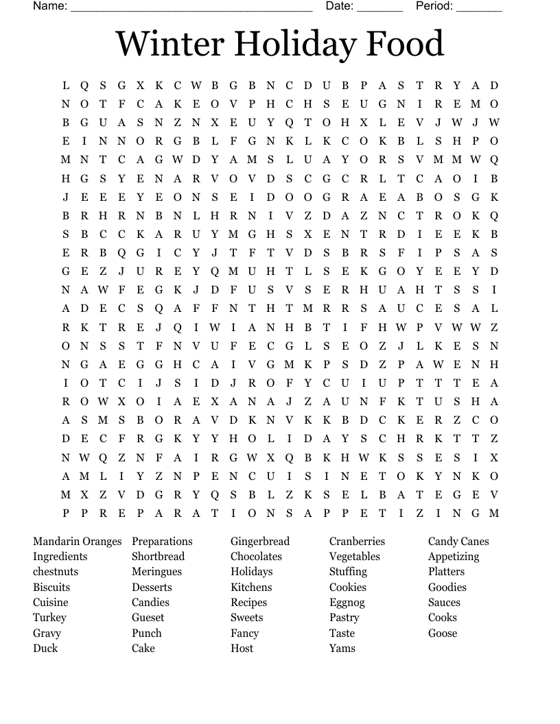 Winter Holiday Food Word Search WordMint