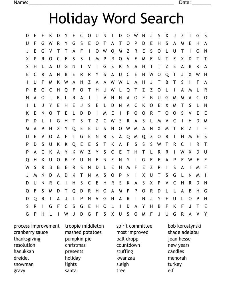 Winter Holidays Word Search WordMint