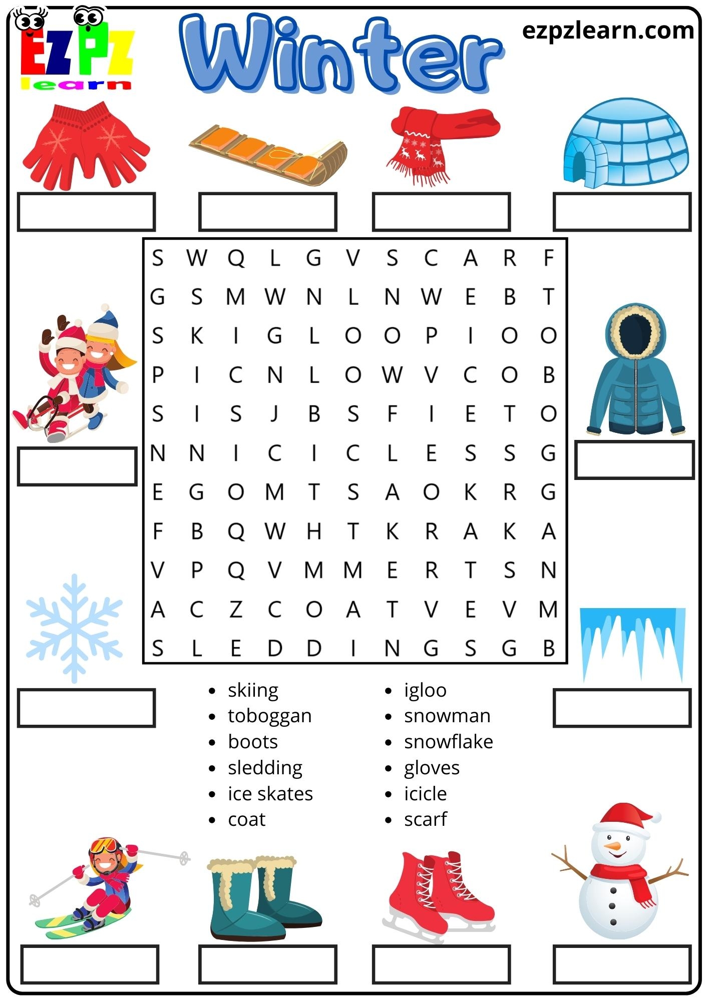 Winter Vocabulary Word Search And Match The Words Activity For ESL Students And Kids Ezpzlearn